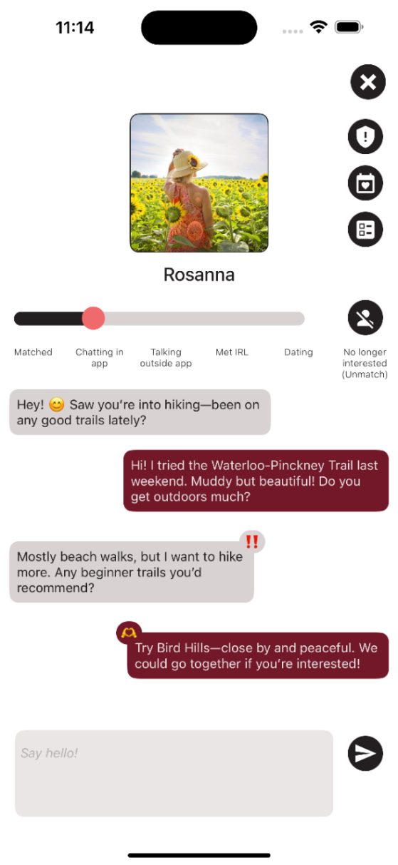 A conversation about hiking on the Revel Chat Screen