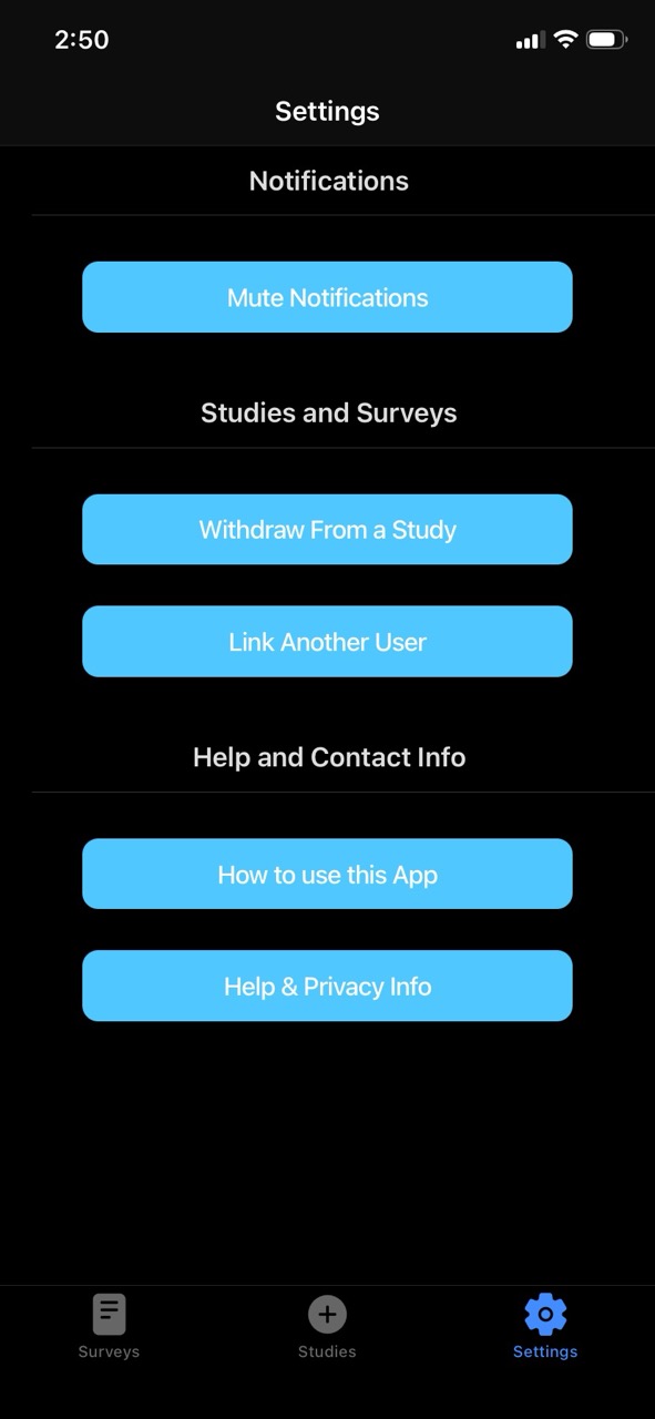 WHIRLWell app screenshot showing the app settings screen, with options to change notification settings, withdraw from a study, and link other users