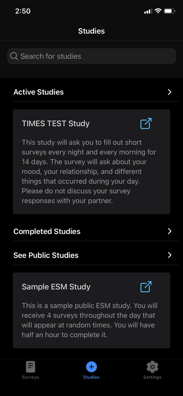WHIRLWell app screenshot showing study registration options