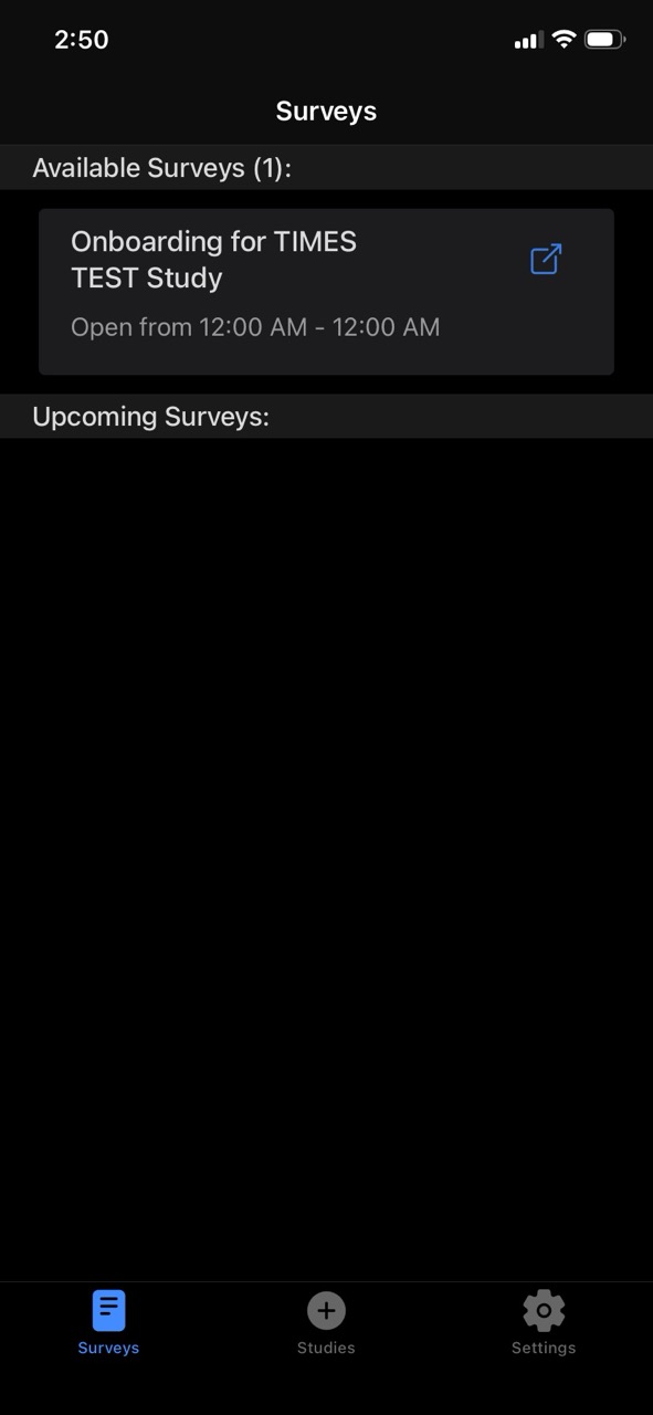 WHIRLWell app screenshot showing list of currently available and upcoming surveys