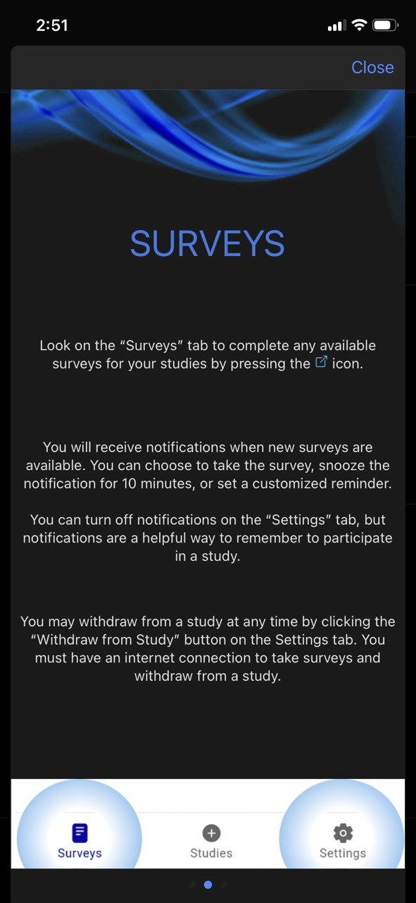 WHIRLWell app screenshot showing tutorial screen about survey participation